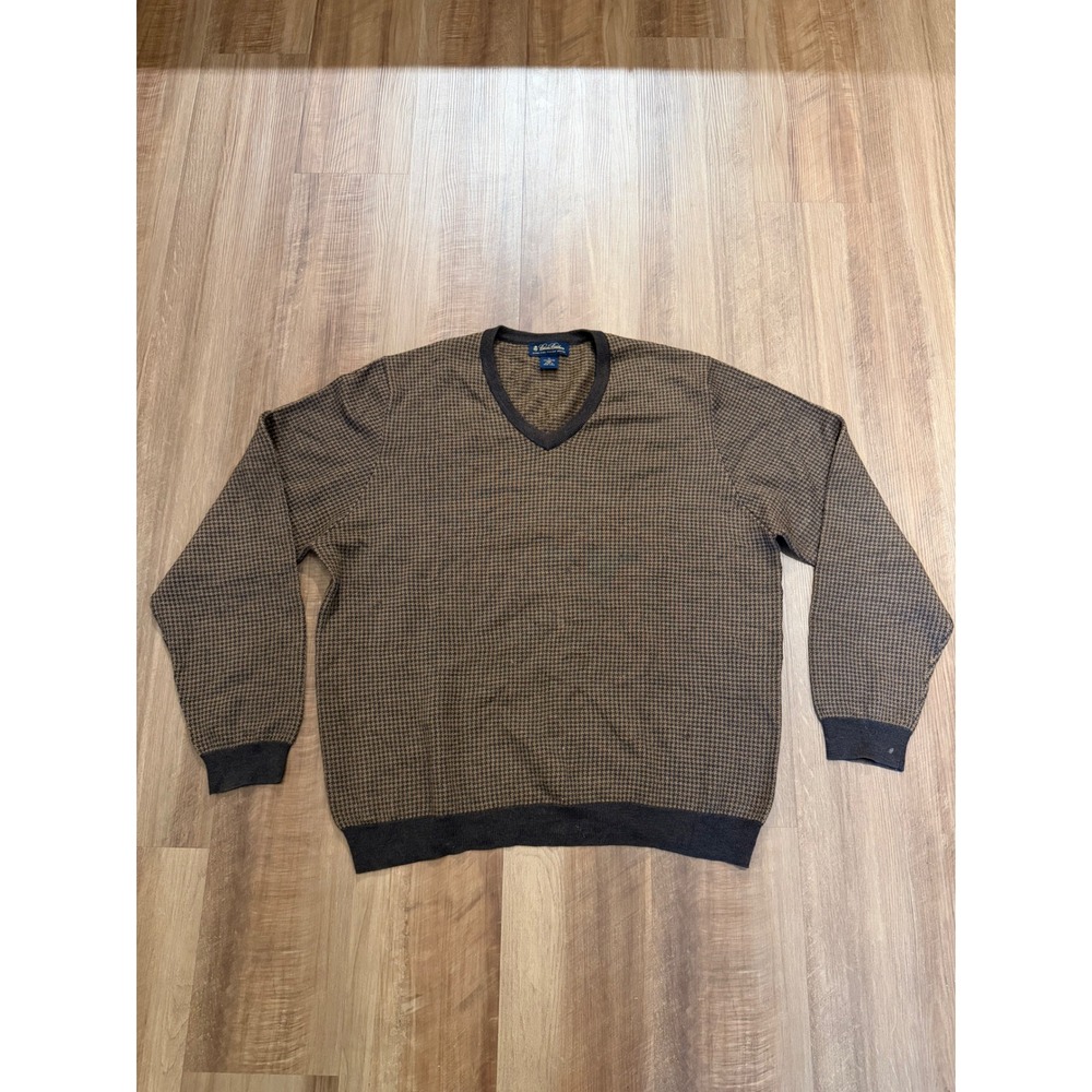 Brooks Brothers Sweater Mens XL Brown Merino Wool V-Neck HoundstoothKnitPullover